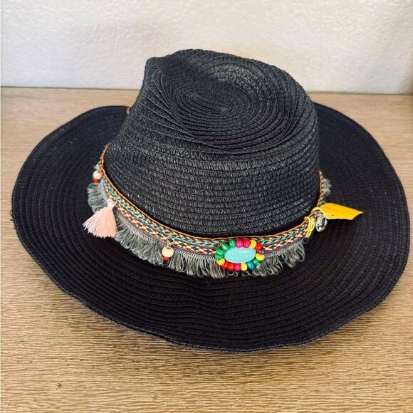 Black Western Boho Straw Hat - Picture 1 of 5